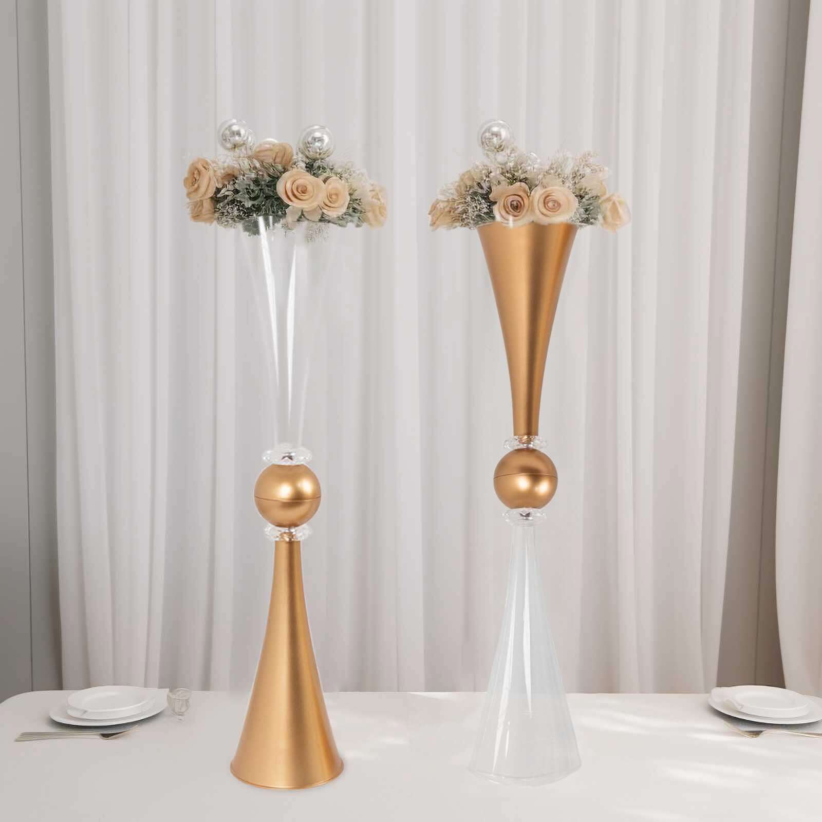 2 - Pack Flower Vases Trumpet Design with Crystal Embellishments Clear and Gold - Reversible Plastic Centerpieces for Events 27" - Bell Racket Store