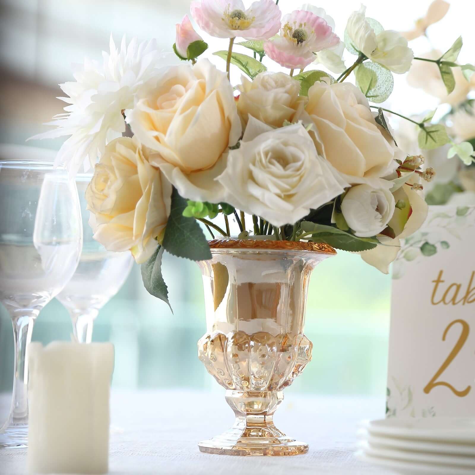 2 - Pack Glass Mini Pedestal Flower Vases in Classic Roman Urn Style Amber Gold - Sophisticated Wedding Table Centerpieces 6" - Bell Racket Store