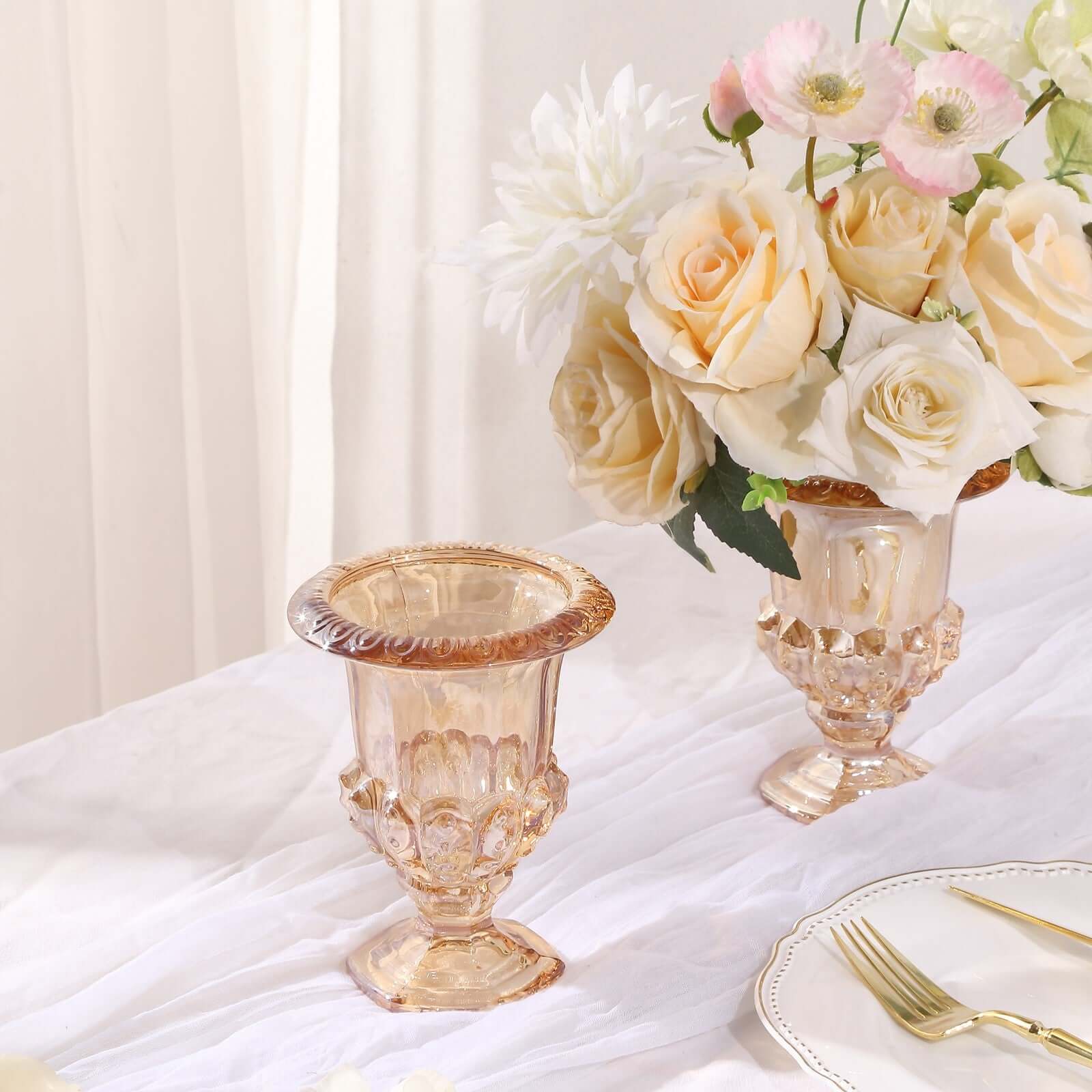 2 - Pack Glass Mini Pedestal Flower Vases in Classic Roman Urn Style Amber Gold - Sophisticated Wedding Table Centerpieces 6" - Bell Racket Store