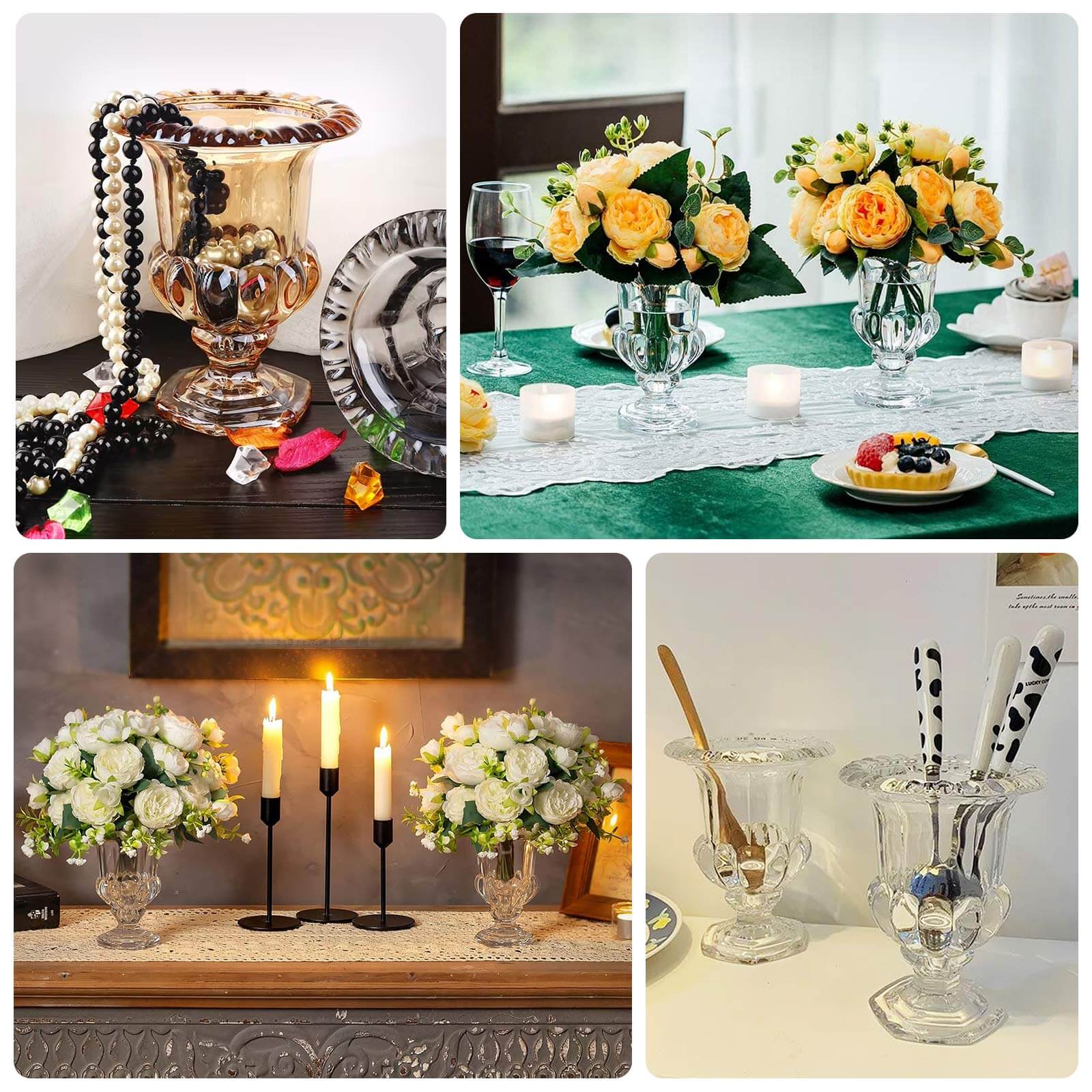 2 - Pack Glass Mini Pedestal Flower Vases in Classic Roman Urn Style Amber Gold - Sophisticated Wedding Table Centerpieces 6" - Bell Racket Store