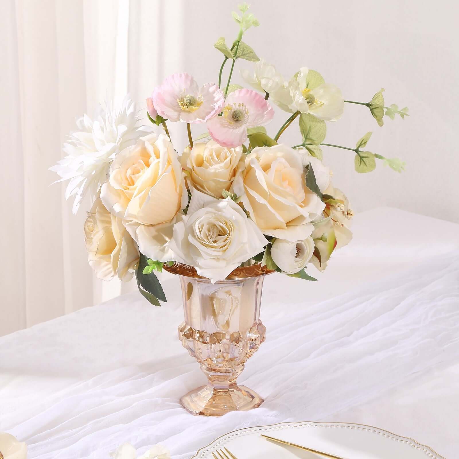 2 - Pack Glass Mini Pedestal Flower Vases in Classic Roman Urn Style Amber Gold - Sophisticated Wedding Table Centerpieces 6" - Bell Racket Store