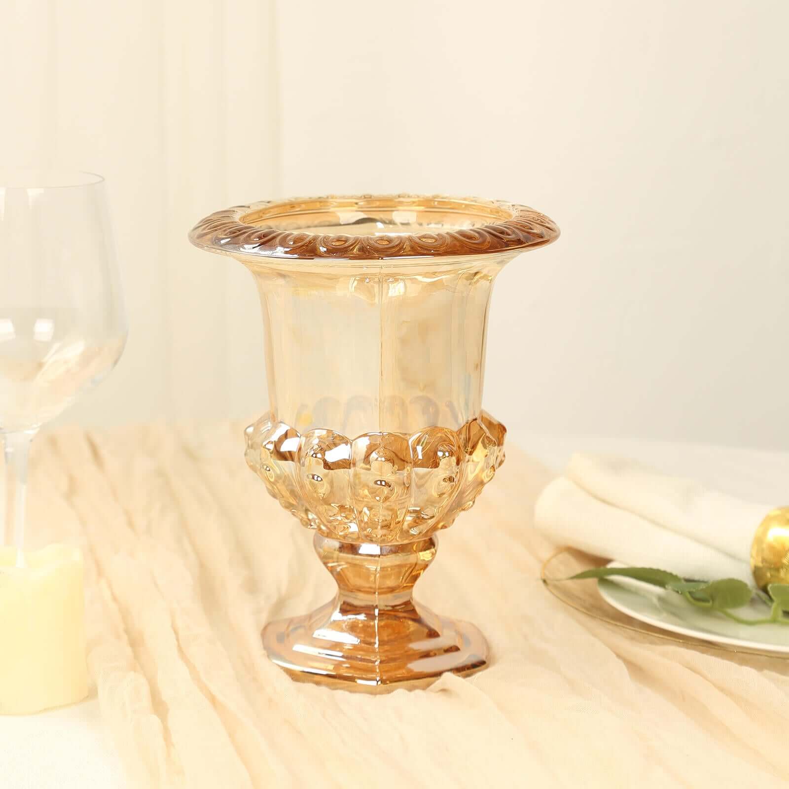 2 - Pack Glass Mini Pedestal Flower Vases in Classic Roman Urn Style Amber Gold - Sophisticated Wedding Table Centerpieces 8" - Bell Racket Store