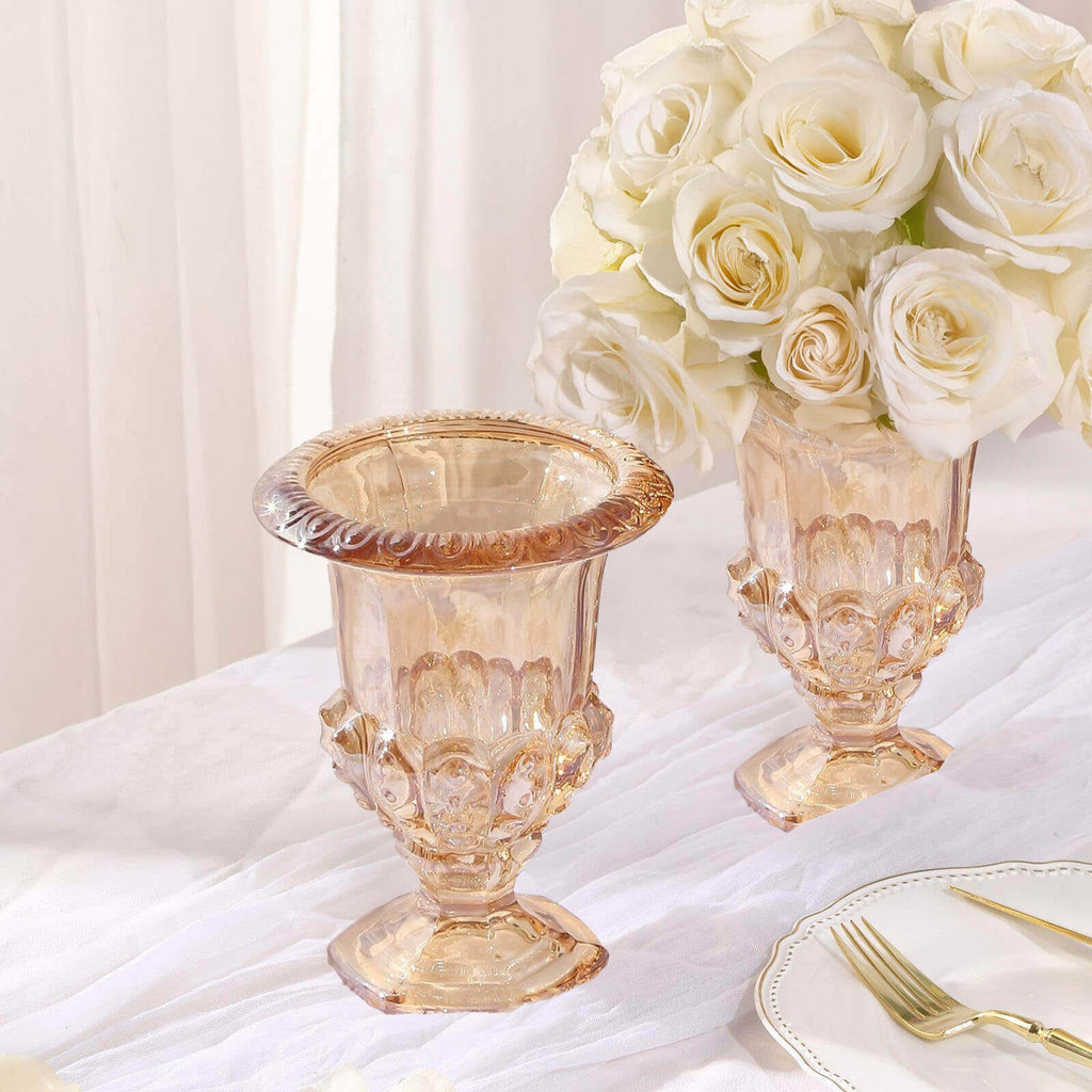 2 - Pack Glass Mini Pedestal Flower Vases in Classic Roman Urn Style Amber Gold - Sophisticated Wedding Table Centerpieces 8" - Bell Racket Store