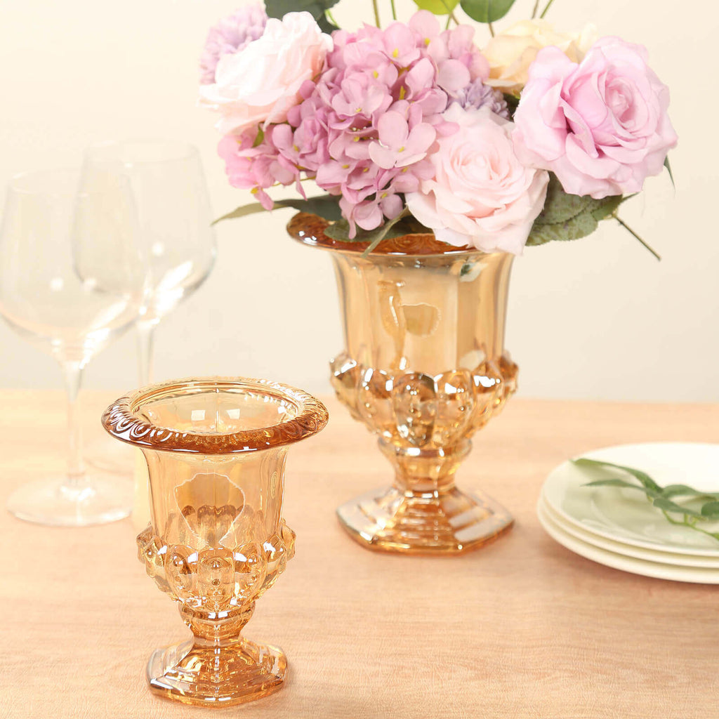 2 - Pack Glass Mini Pedestal Flower Vases in Classic Roman Urn Style Amber Gold - Sophisticated Wedding Table Centerpieces 8" - Bell Racket Store