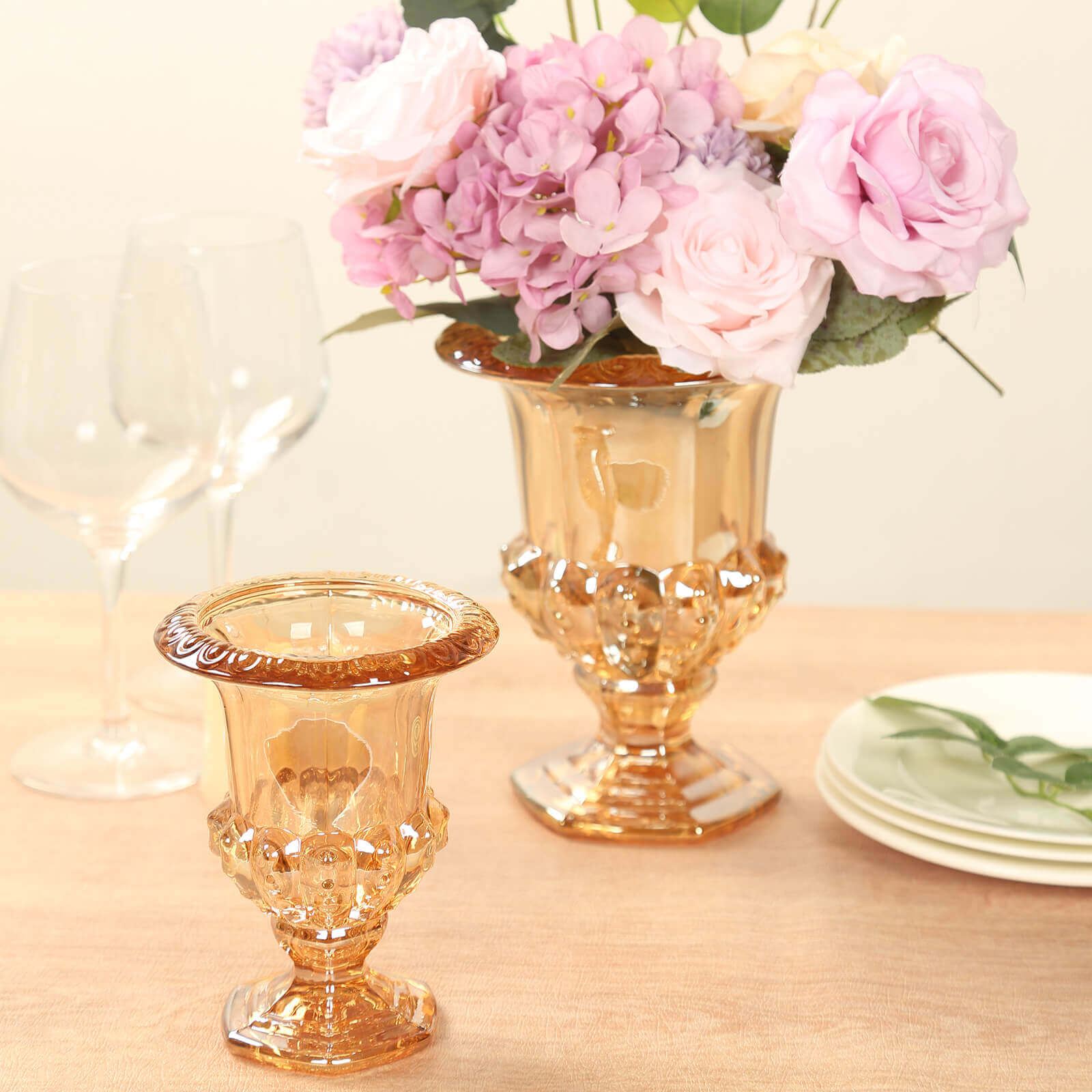 2 - Pack Glass Mini Pedestal Flower Vases in Classic Roman Urn Style Amber Gold - Sophisticated Wedding Table Centerpieces 8" - Bell Racket Store