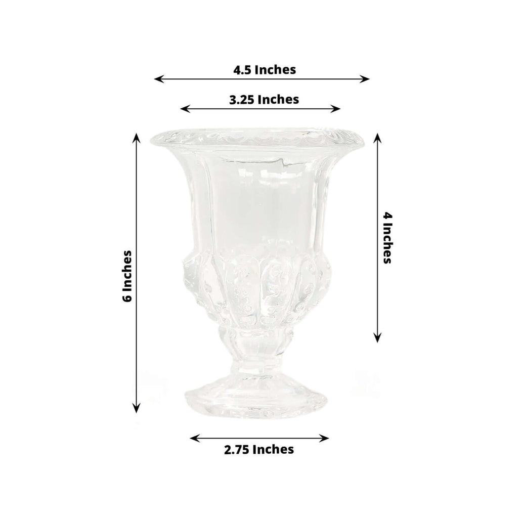 2 - Pack Glass Mini Pedestal Flower Vases in Classic Roman Urn Style Clear - Sophisticated Wedding Table Centerpieces 6" - Bell Racket Store