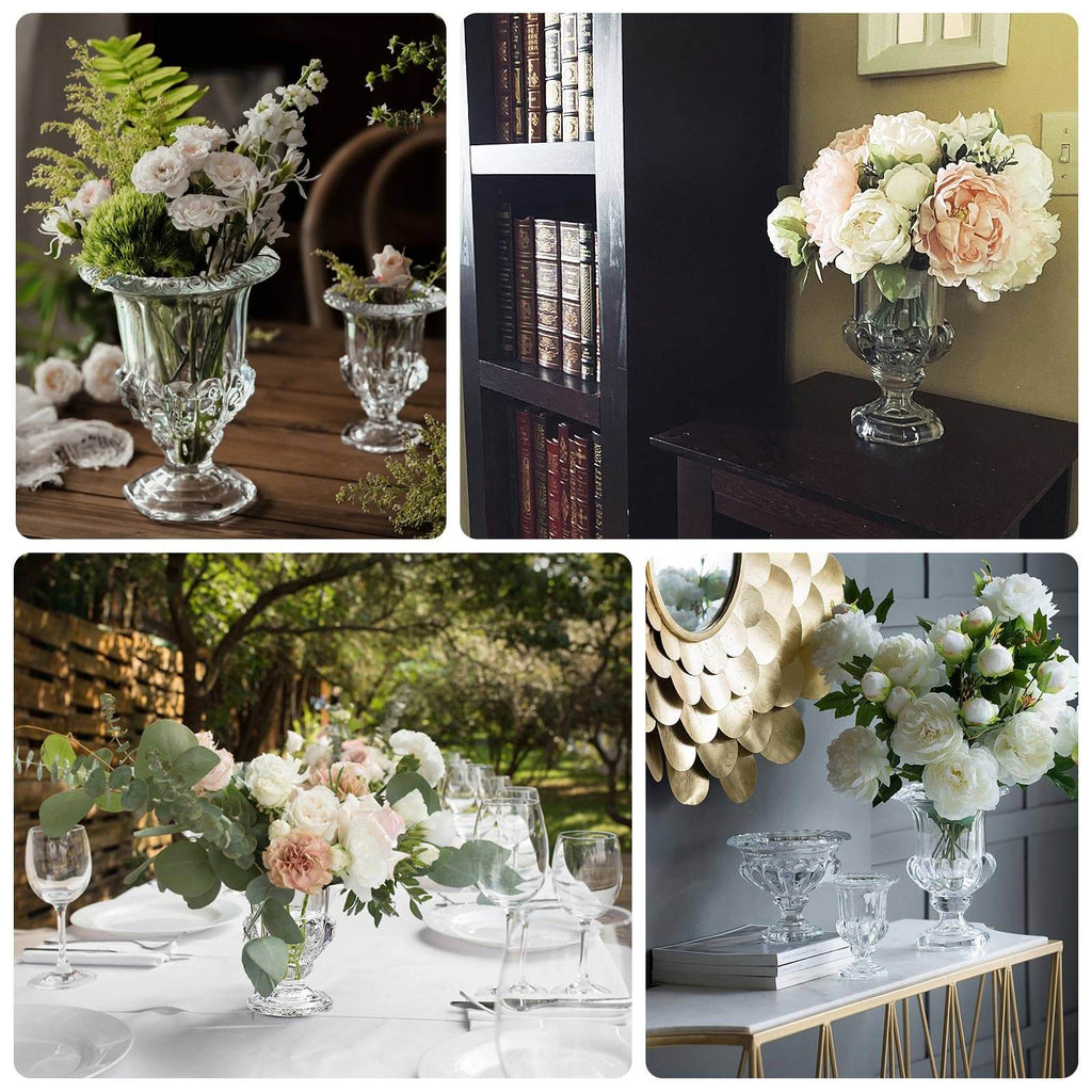 2 - Pack Glass Mini Pedestal Flower Vases in Classic Roman Urn Style Clear - Sophisticated Wedding Table Centerpieces 8" - Bell Racket Store