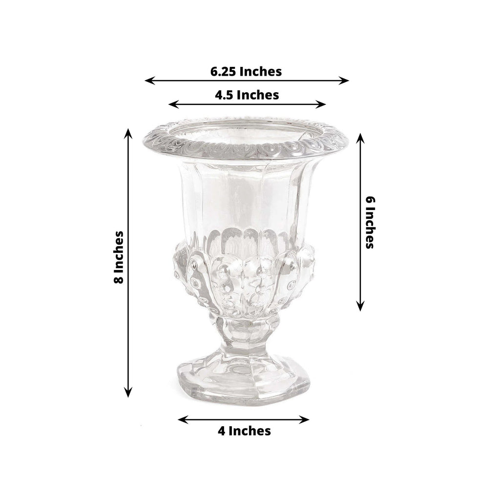 2 - Pack Glass Mini Pedestal Flower Vases in Classic Roman Urn Style Clear - Sophisticated Wedding Table Centerpieces 8" - Bell Racket Store