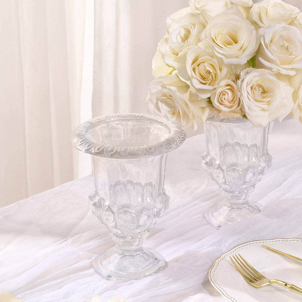 2 - Pack Glass Mini Pedestal Flower Vases in Classic Roman Urn Style Clear - Sophisticated Wedding Table Centerpieces 8" - Bell Racket Store