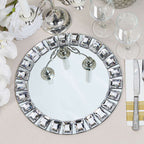 2-Pack Glass Mirror Round Charger Plates 13" in Silver with Jeweled Rim - Premium Decorative Dinner Party Charger Tableware