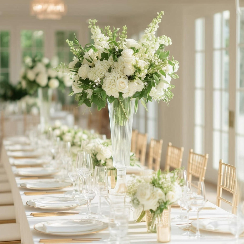 2 - Pack Glass Trumpet Vases Ribbed Design Clear - Durable Flower Centerpieces for Events 32" - Bell Racket Store