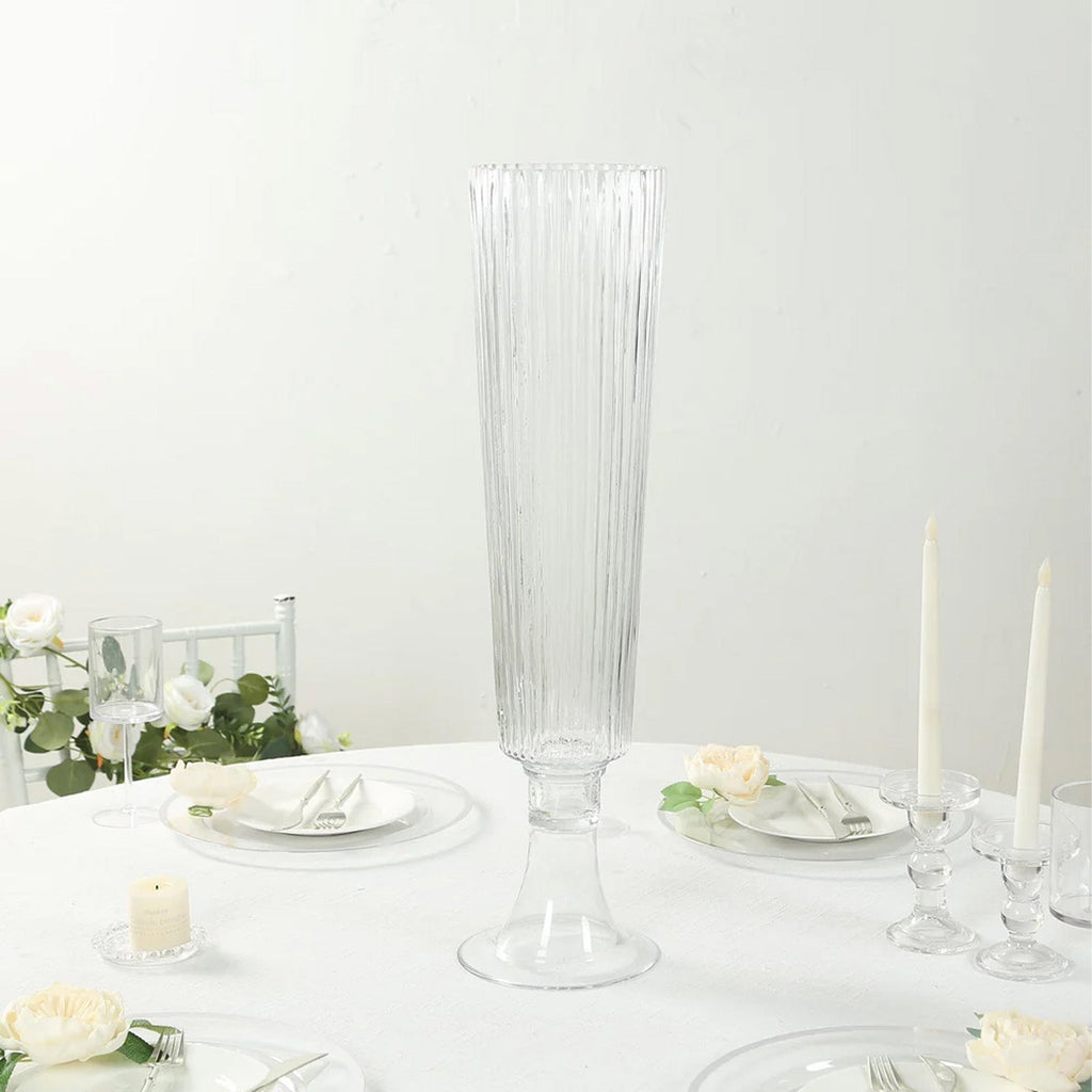 2 - Pack Glass Trumpet Vases Ribbed Design Clear - Durable Flower Centerpieces for Events 32" - Bell Racket Store