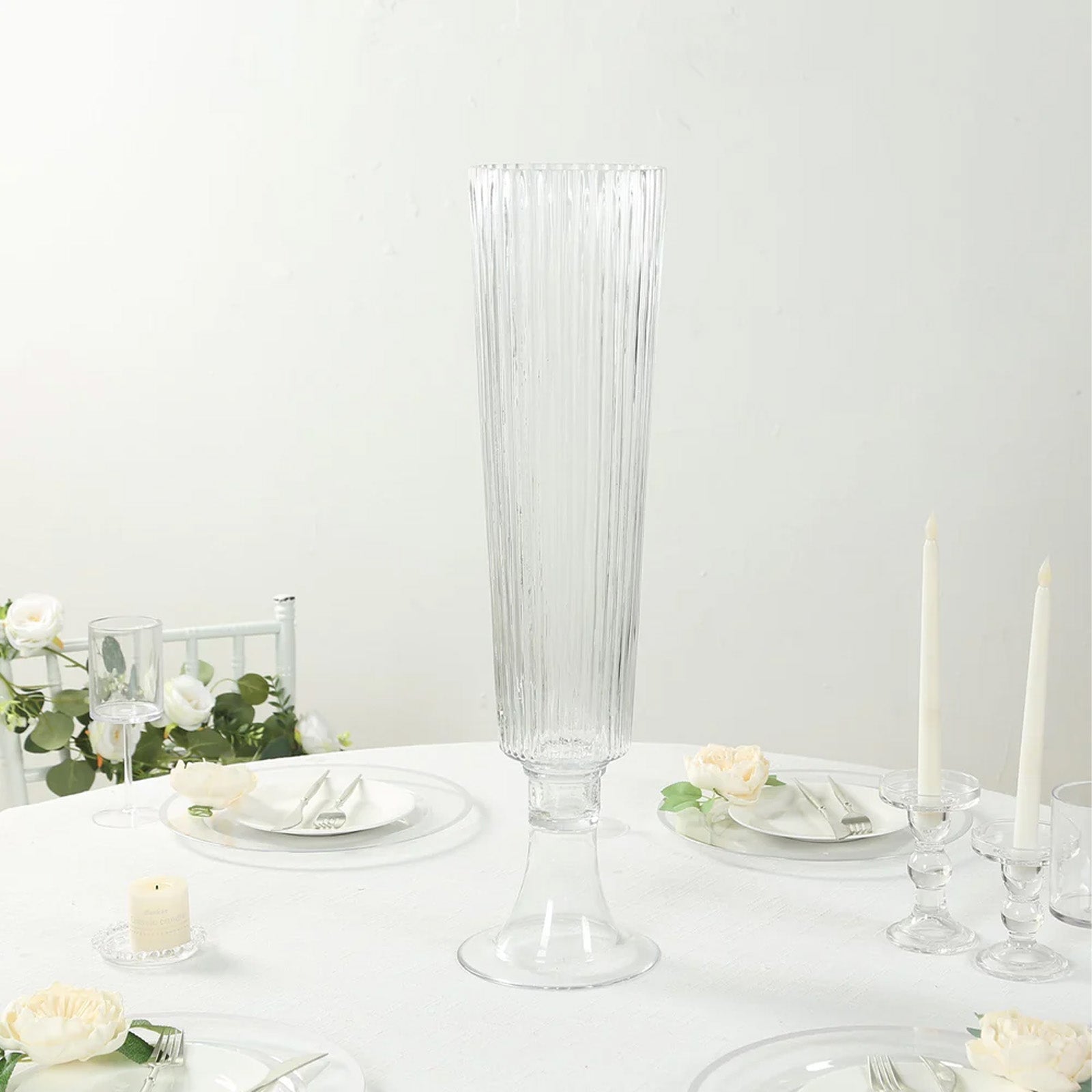 2 - Pack Glass Trumpet Vases Ribbed Design Clear - Durable Flower Centerpieces for Events 32" - Bell Racket Store