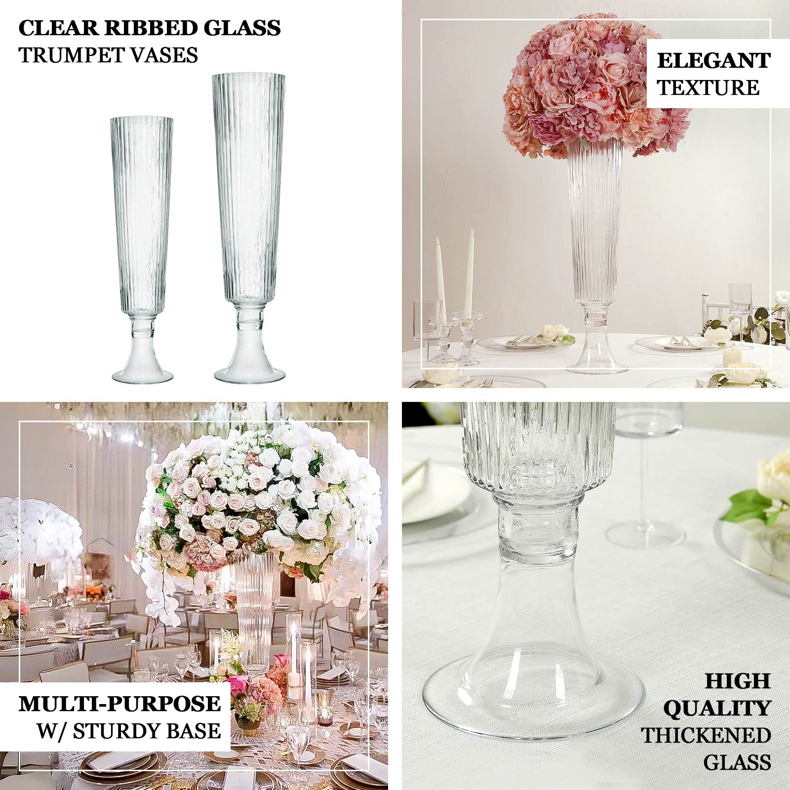 2 - Pack Glass Trumpet Vases Ribbed Design Clear - Durable Flower Centerpieces for Events 32" - Bell Racket Store
