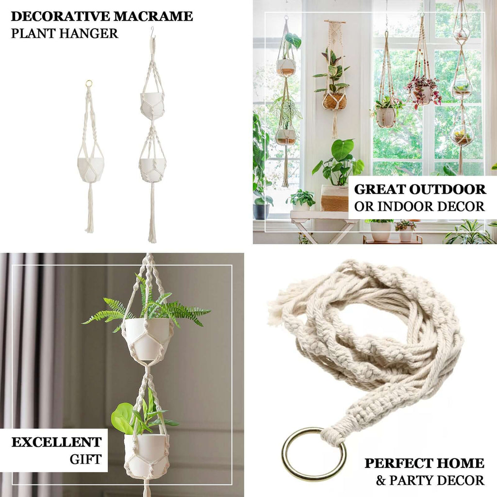 2 - Pack Hanging Planter Baskets with Tassels Ivory Boho Design - Cotton Rope Indoor Decorative Flower Holders - Bell Racket Store
