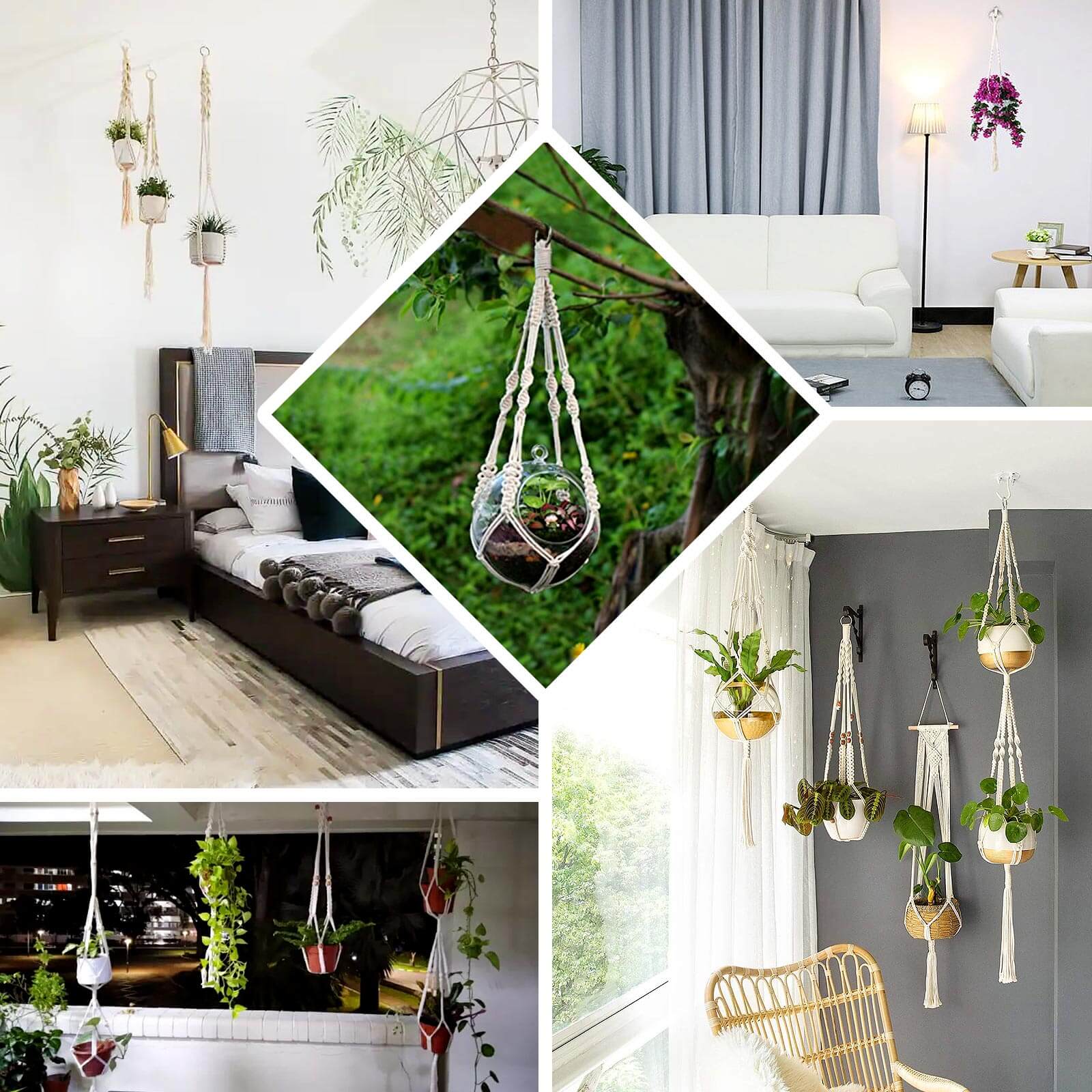 2 - Pack Hanging Planter Baskets with Tassels Ivory Boho Design - Cotton Rope Indoor Decorative Flower Holders - Bell Racket Store