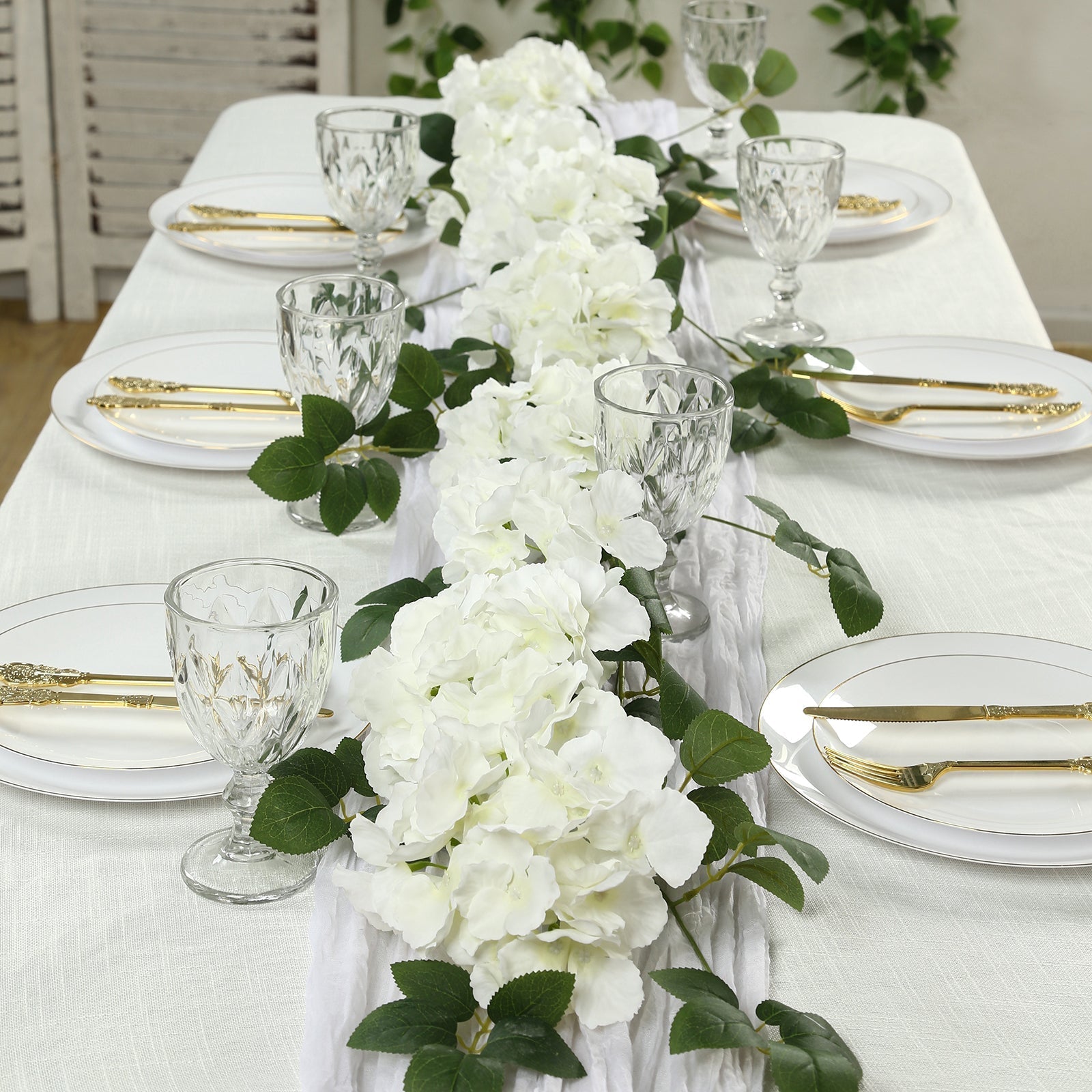 2 - Pack Ivory Artificial Hydrangea Garland 5.5ft â€“ Artificial Silk Floral Vine with Green Leaves - Bell Racket Store