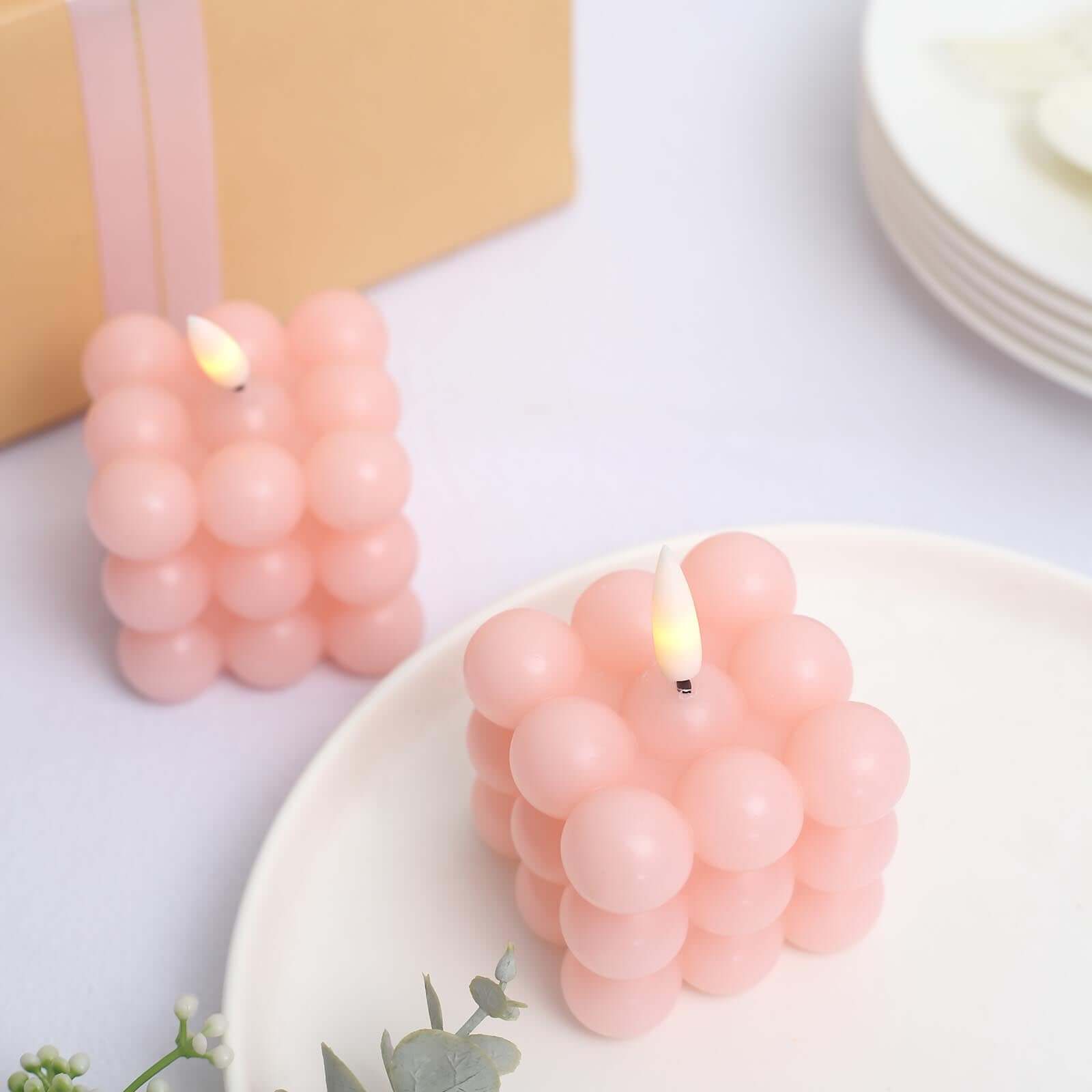 2-Pack LED Flameless Cube Candles Flickering Warm White Blush - Battery Operated Bubble Design 2"