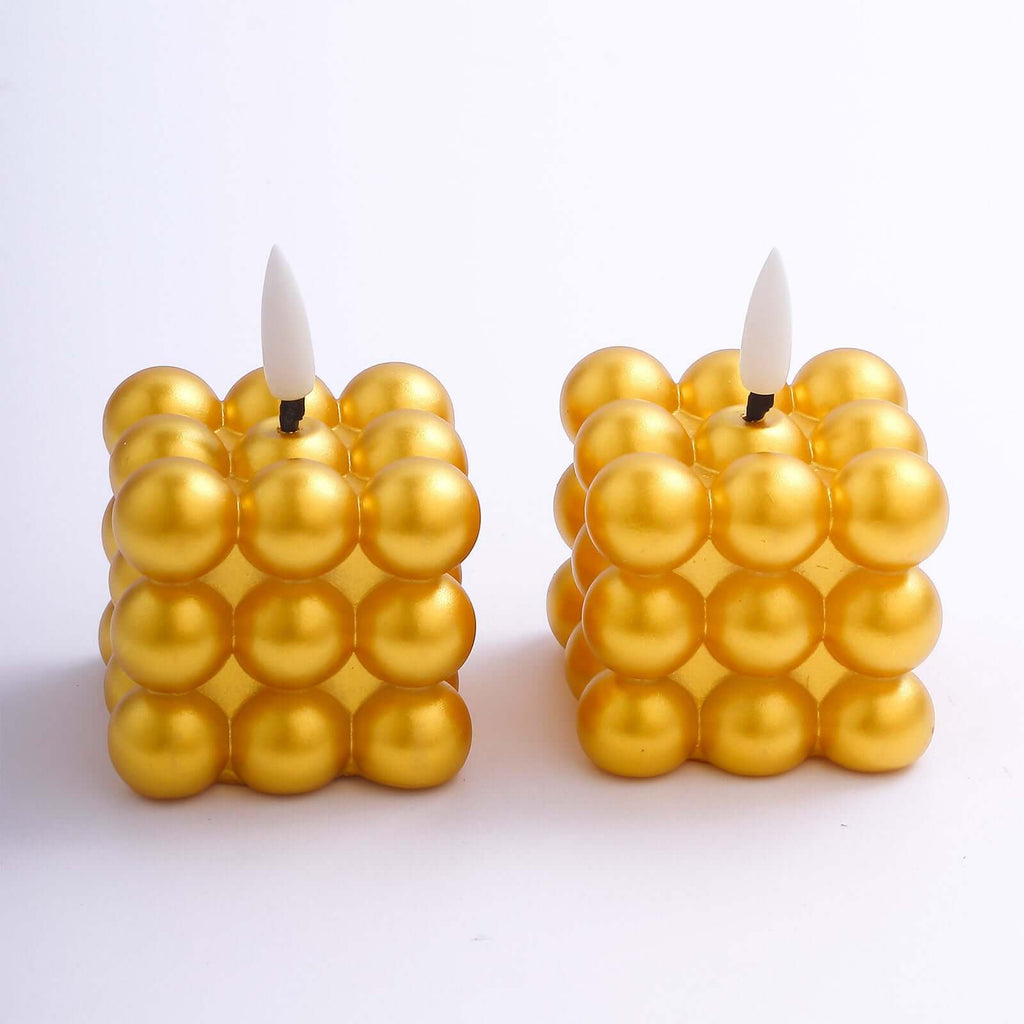 2 - Pack LED Flameless Cube Candles Mini Bubble Metallic Gold - Battery Operated 2" - Bell Racket Store