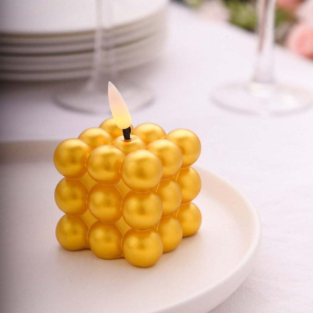 2 - Pack LED Flameless Cube Candles Mini Bubble Metallic Gold - Battery Operated 2" - Bell Racket Store