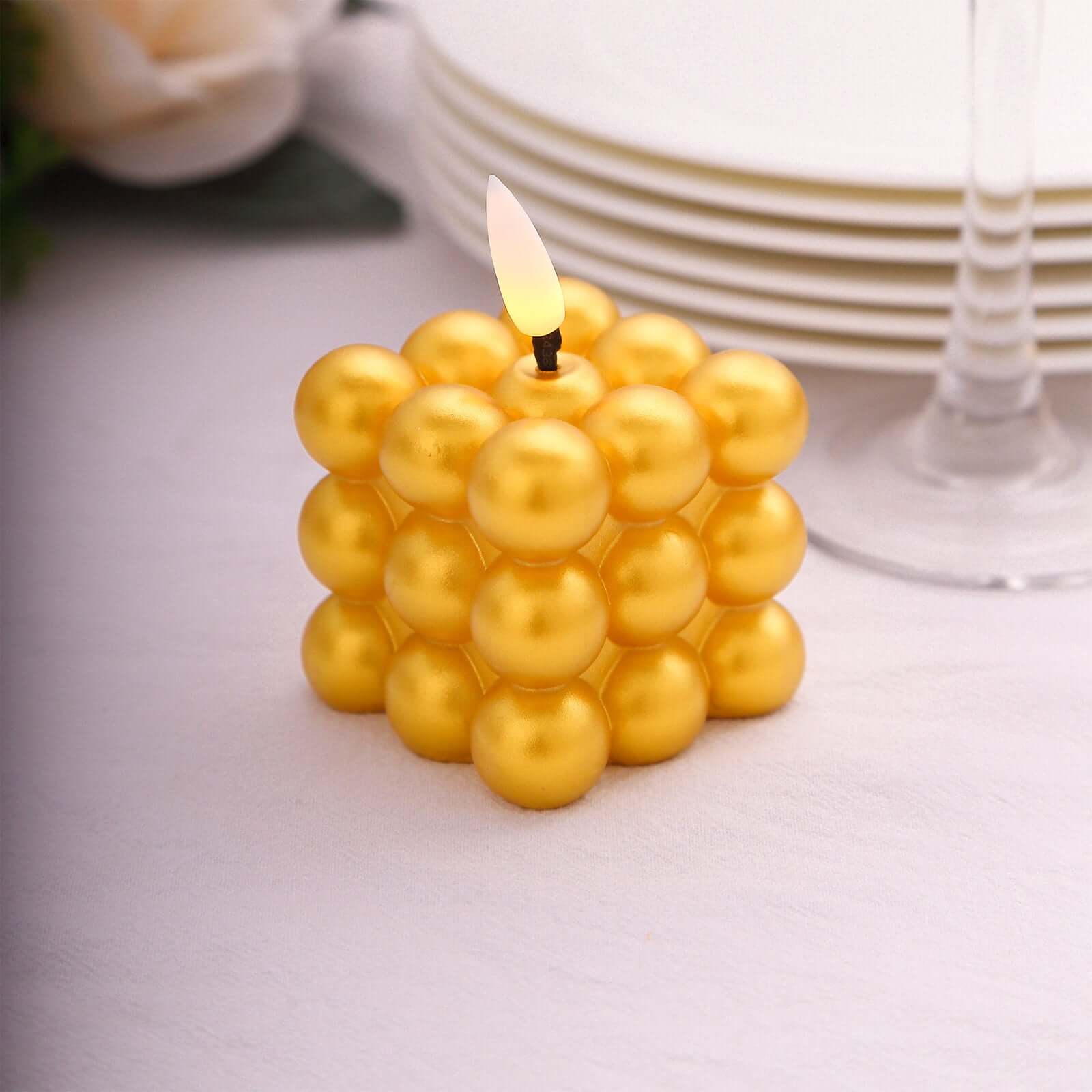 2 - Pack LED Flameless Cube Candles Mini Bubble Metallic Gold - Battery Operated 2" - Bell Racket Store