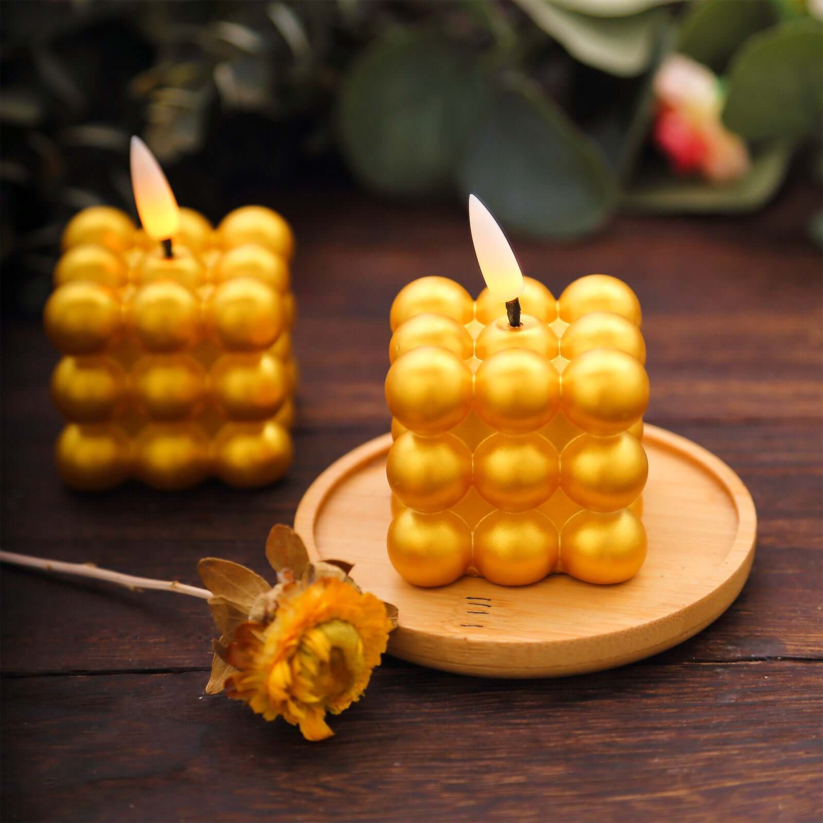 2 - Pack LED Flameless Cube Candles Mini Bubble Metallic Gold - Battery Operated 2" - Bell Racket Store