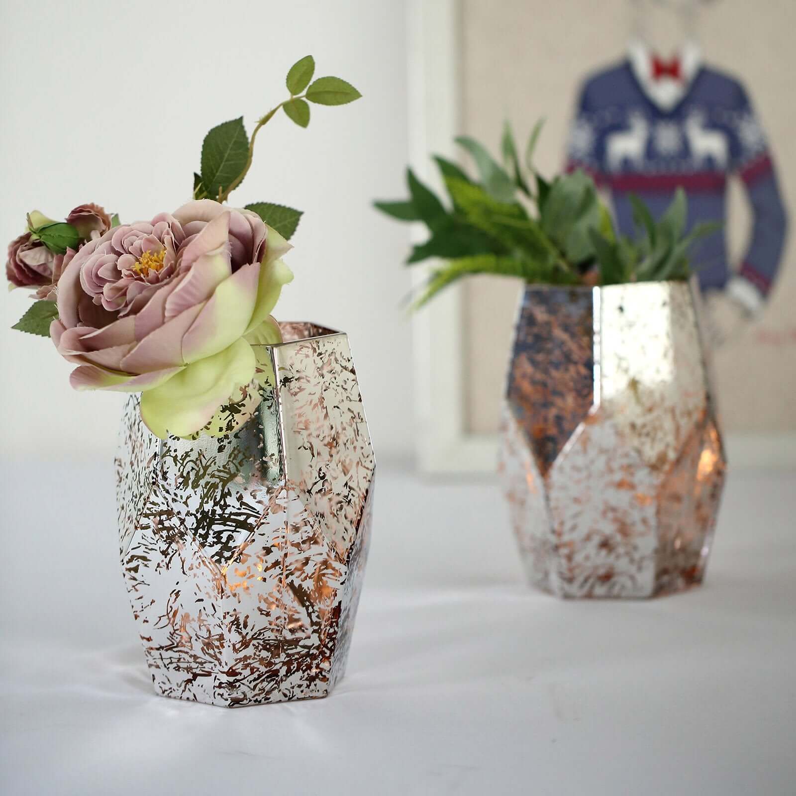 2-Pack Mercury Glass Vases Pentagon Design Silver Rose Gold - Decorative Candle Holder Centerpieces 8"