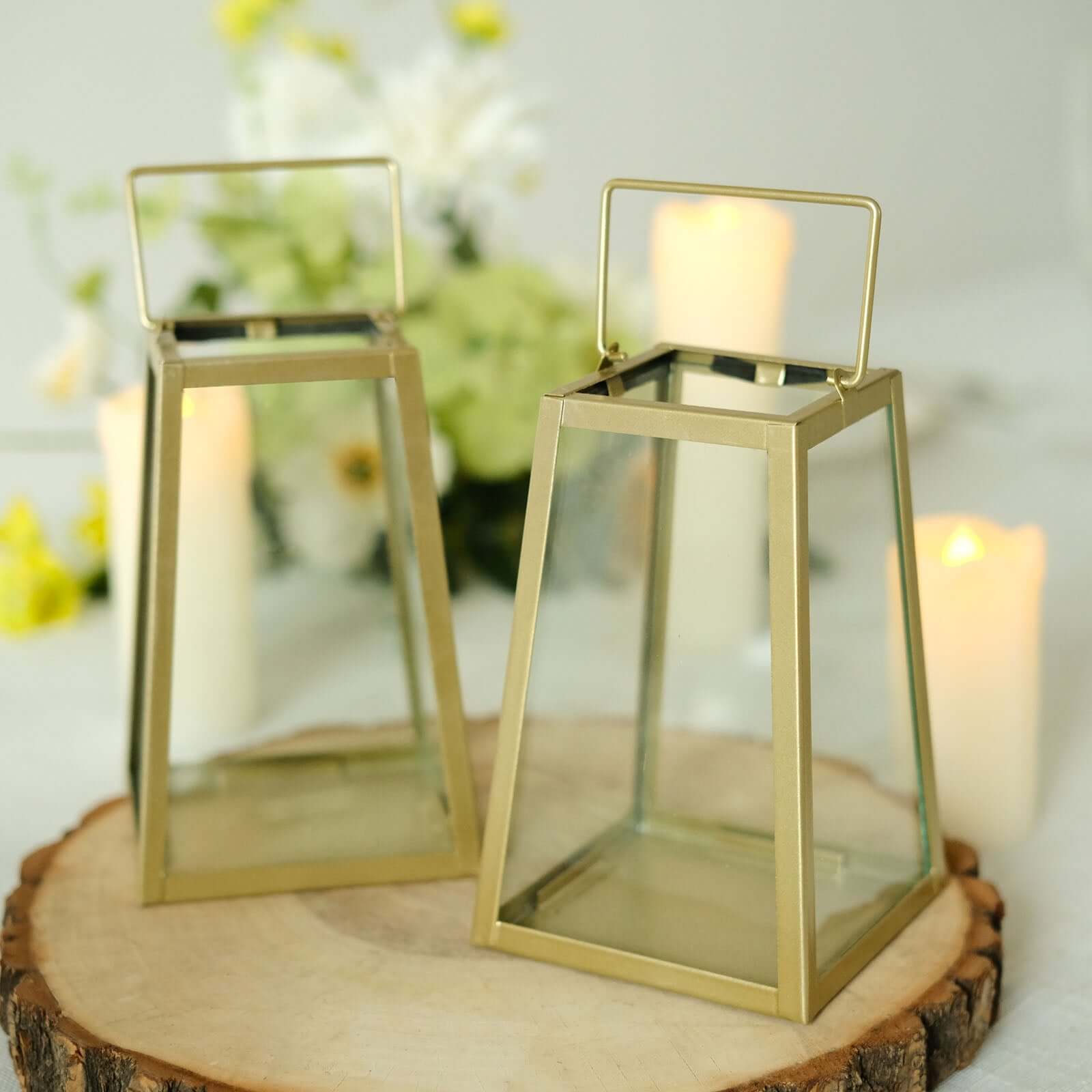2 - Pack Metal Candle Lanterns Trapezoid Geometric Design Gold - Hanging Terrariums Table Centerpieces for Indoor/Outdoor 6" - Bell Racket Store