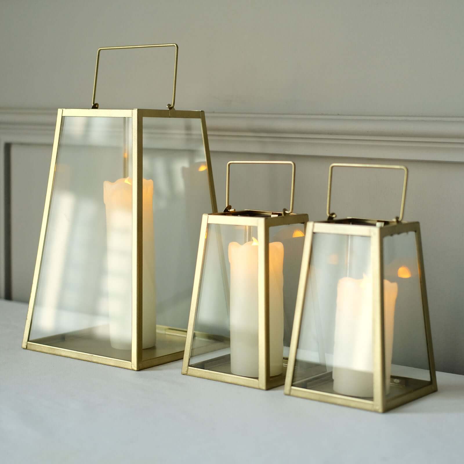 2 - Pack Metal Candle Lanterns Trapezoid Geometric Design Gold - Hanging Terrariums Table Centerpieces for Indoor/Outdoor 6" - Bell Racket Store