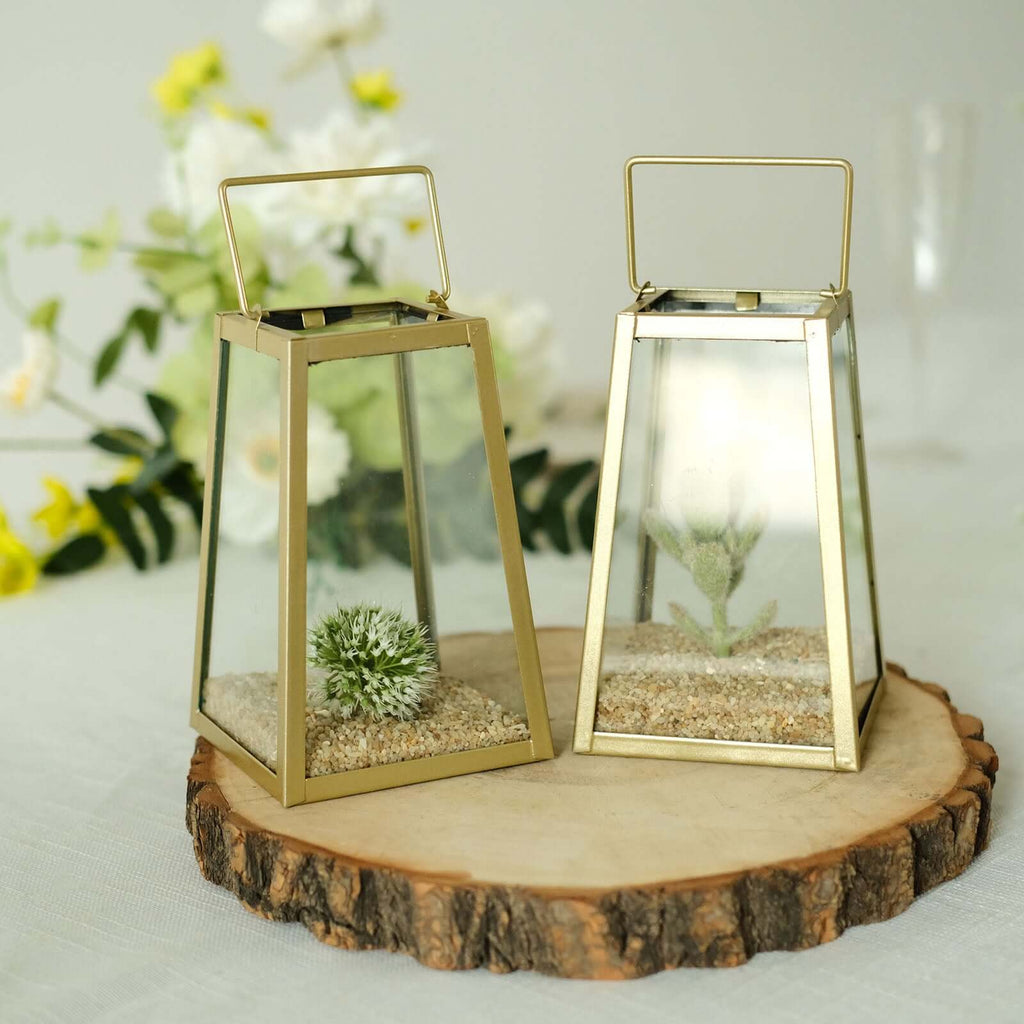 2 - Pack Metal Candle Lanterns Trapezoid Geometric Design Gold - Hanging Terrariums Table Centerpieces for Indoor/Outdoor 6" - Bell Racket Store