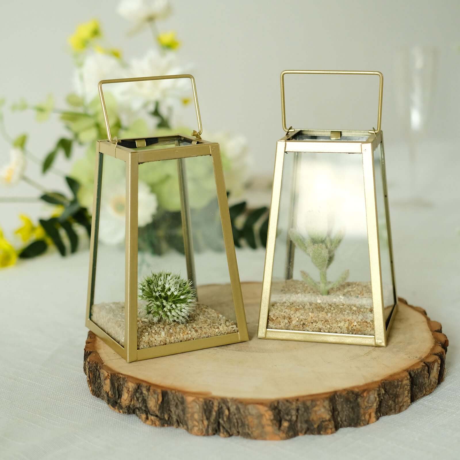 2 - Pack Metal Candle Lanterns Trapezoid Geometric Design Gold - Hanging Terrariums Table Centerpieces for Indoor/Outdoor 6" - Bell Racket Store