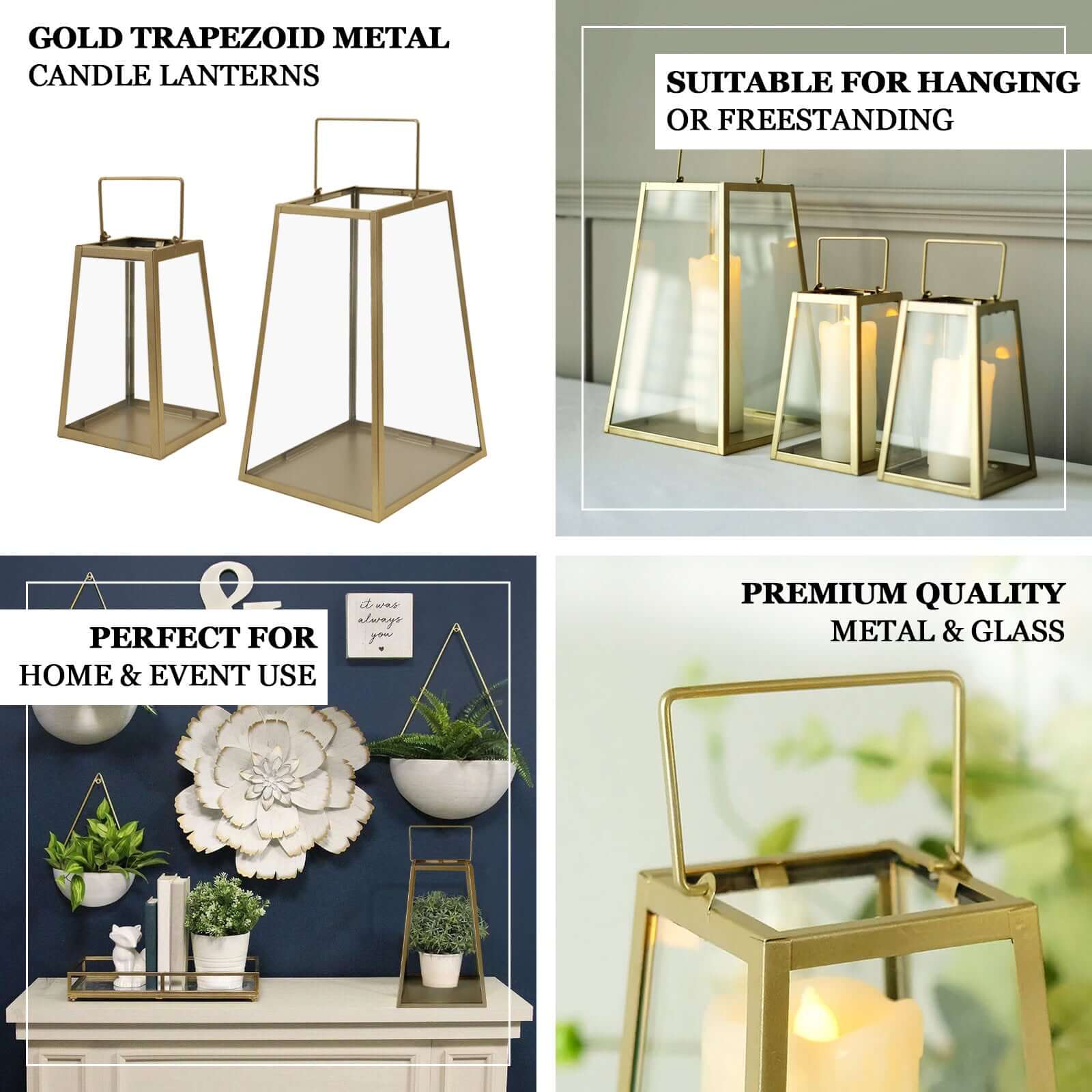 2 - Pack Metal Candle Lanterns Trapezoid Geometric Design Gold - Hanging Terrariums Table Centerpieces for Indoor/Outdoor 6" - Bell Racket Store