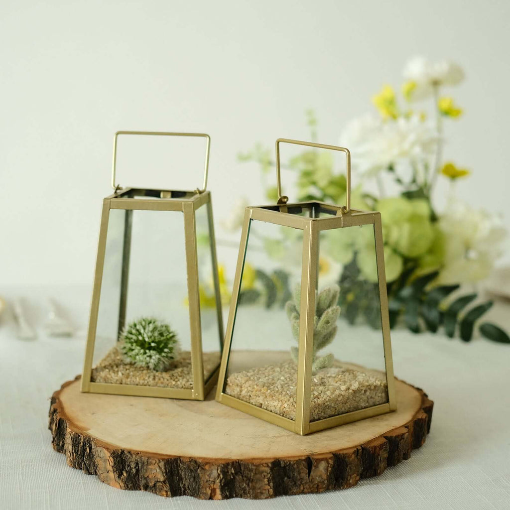 2 - Pack Metal Candle Lanterns Trapezoid Geometric Design Gold - Hanging Terrariums Table Centerpieces for Indoor/Outdoor 6" - Bell Racket Store