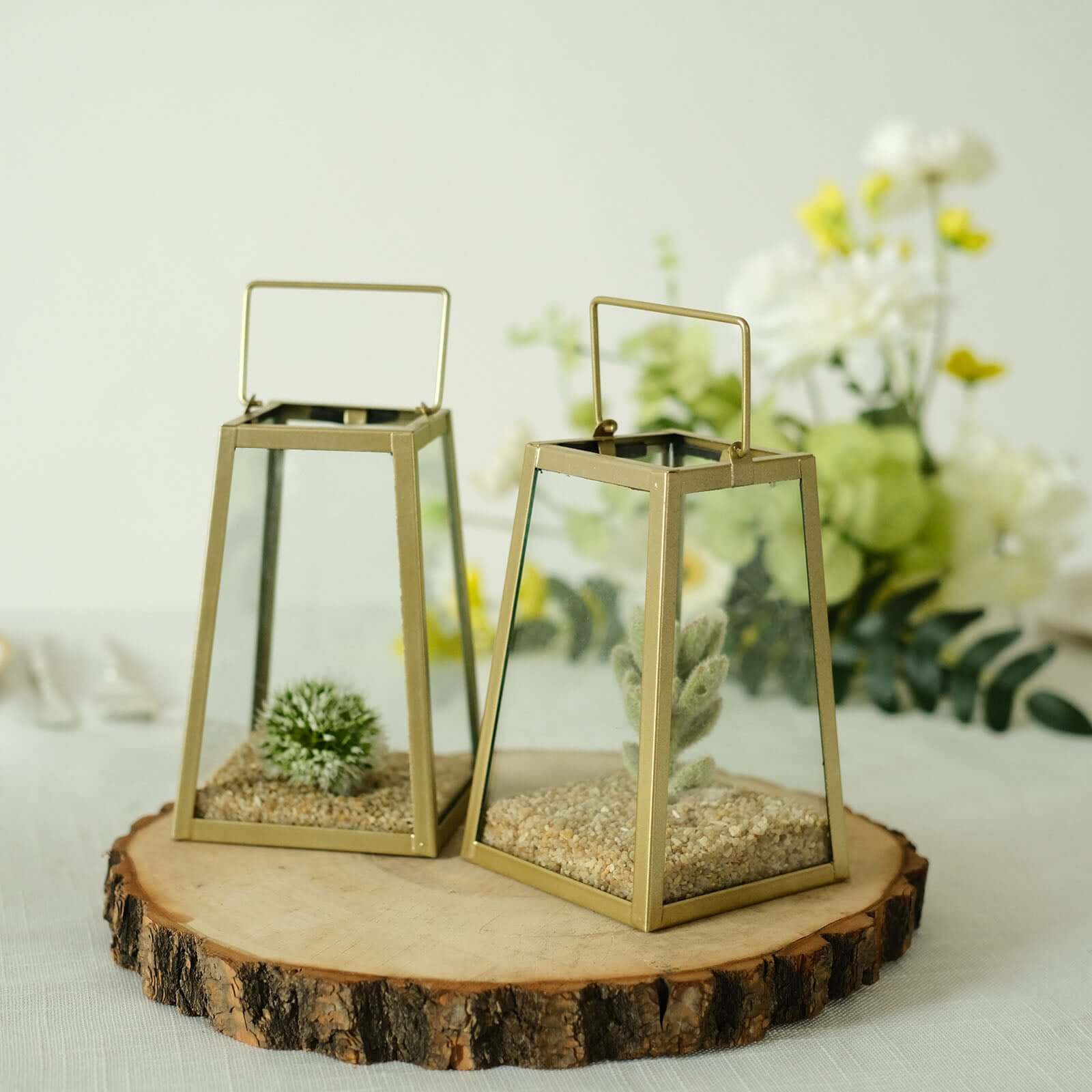 2 - Pack Metal Candle Lanterns Trapezoid Geometric Design Gold - Hanging Terrariums Table Centerpieces for Indoor/Outdoor 6" - Bell Racket Store
