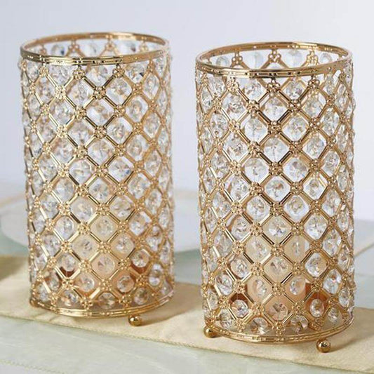 2-Pack Metal Crystal Beaded Pillar Holders Gold - Versatile Stem Vase Set for Decor 9"