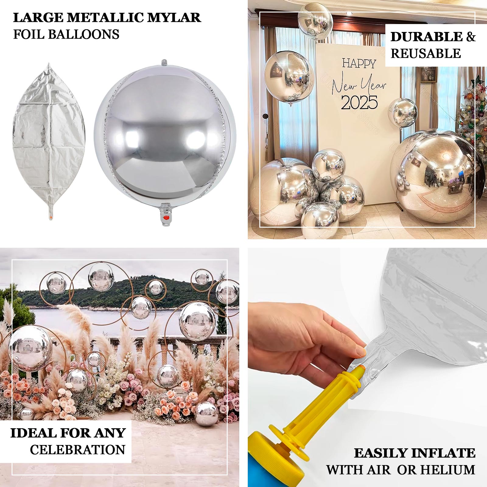 2 - Pack Metallic Silver Sphere Balloons, 43" Orbz Mylar Balloons Helium or Air - Filled Party Supplies - Bell Racket Store