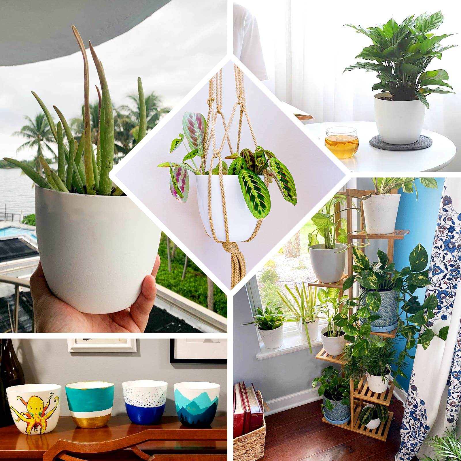 2 - Pack Planter Pots Indoor Macrame Holder Design White - Plastic Plant Pots 5.5" - Bell Racket Store