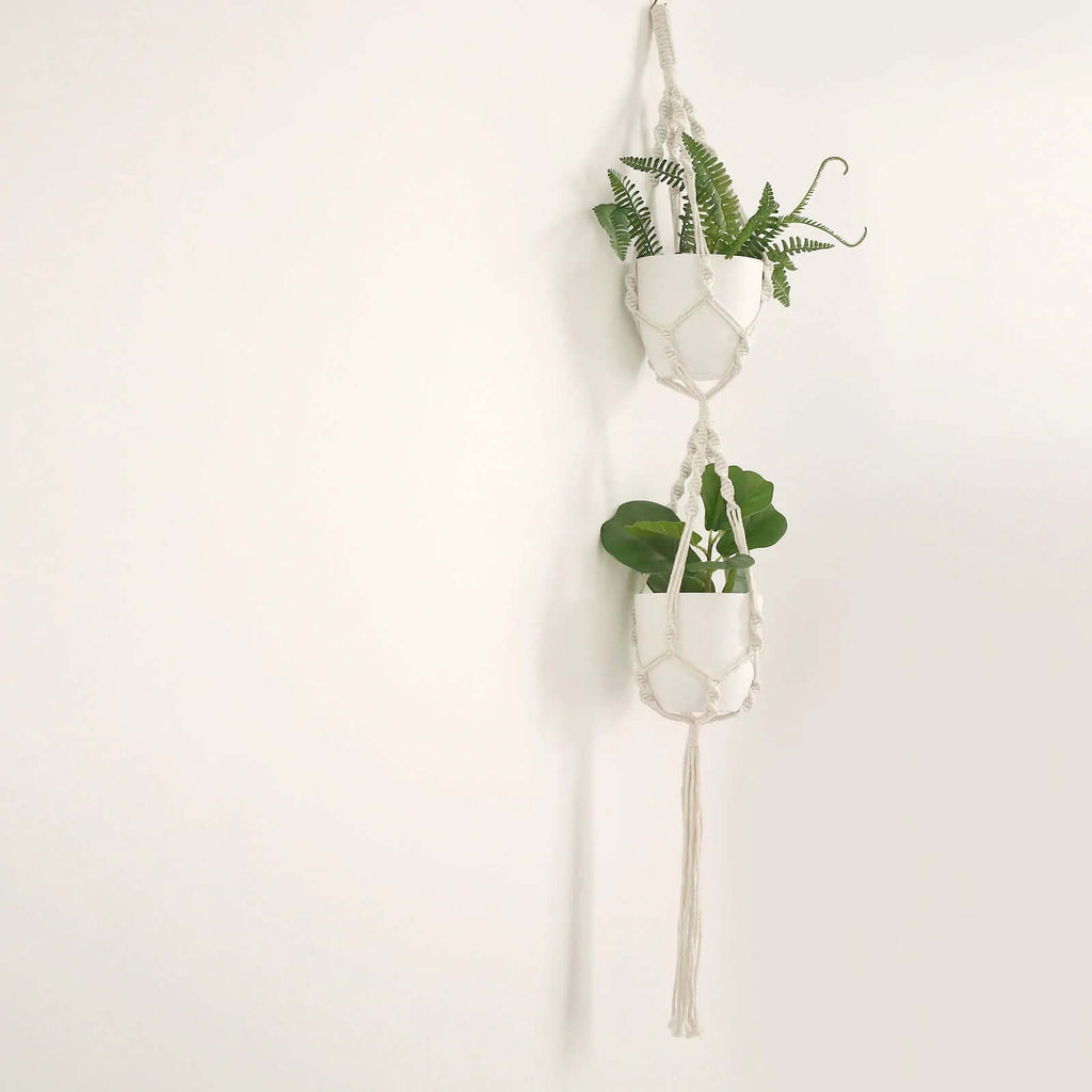 2 - Pack Planter Pots Indoor Macrame Holder Design White - Plastic Plant Pots 5.5" - Bell Racket Store