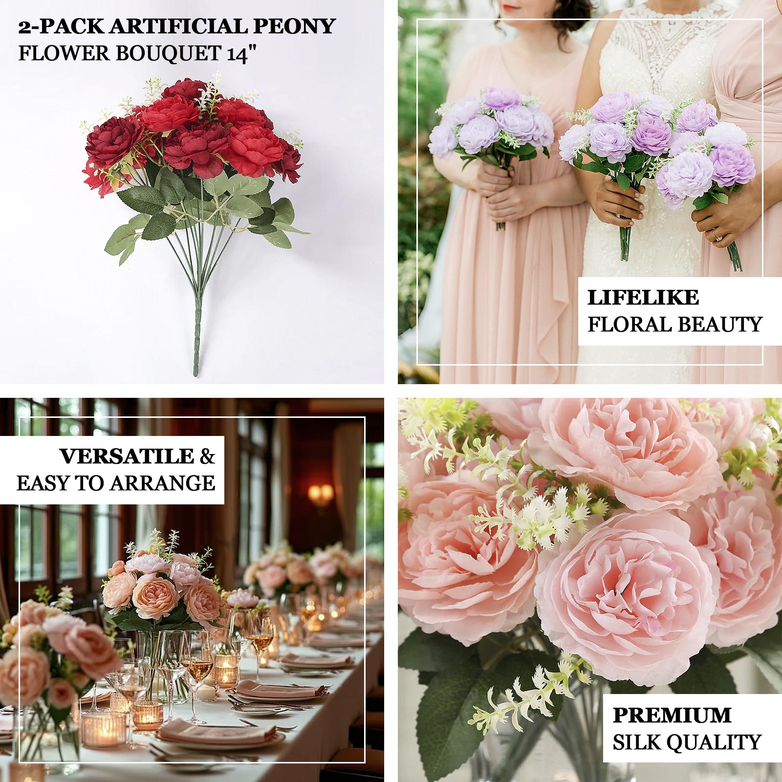 2 - Pack Silk Peony Bouquet 14" Lavender Lilac â€“ Lifelike Artificial Flower Arrangement for Vase Display, Events & Everyday Decor - Bell Racket Store