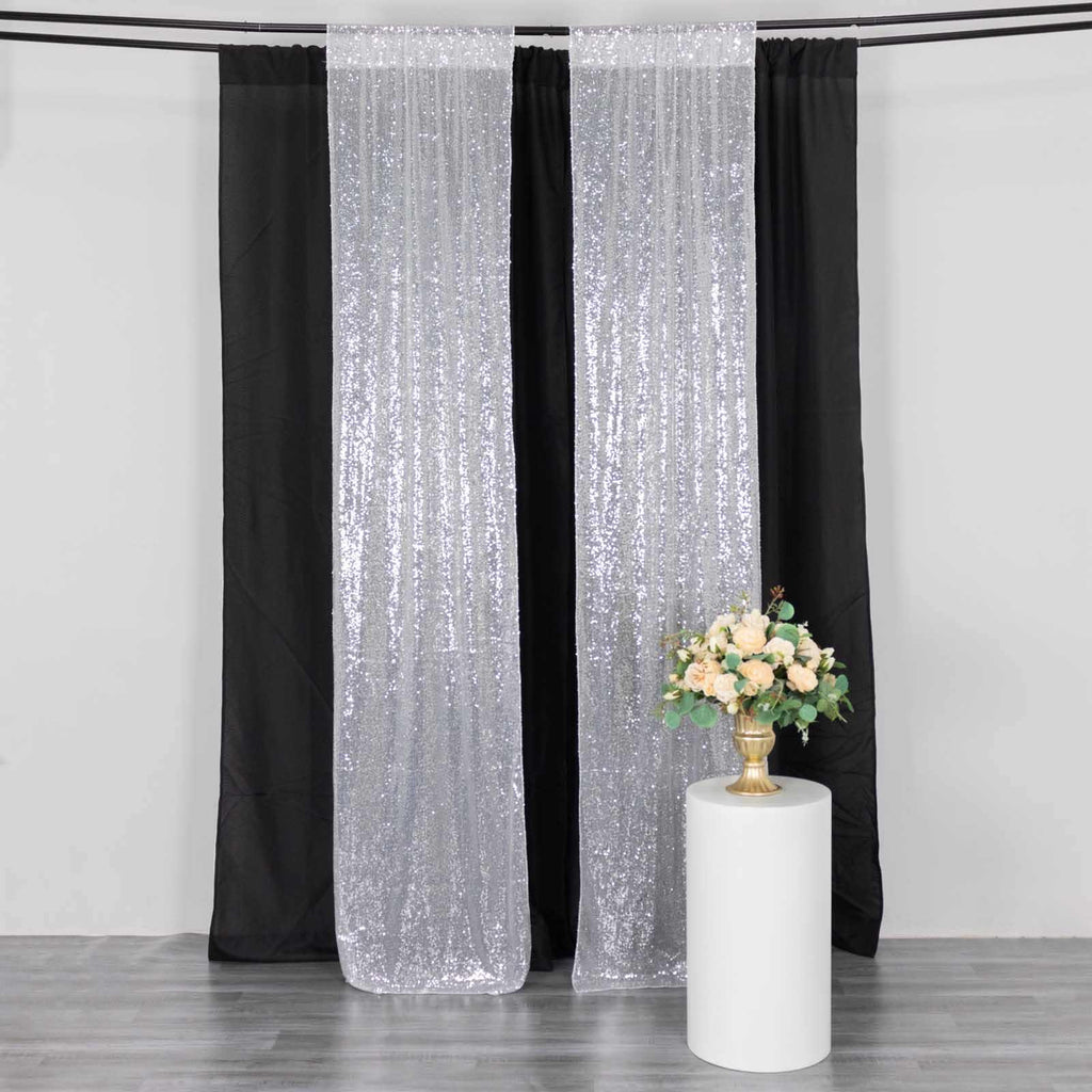 2 Pack Silver Sequin Event Curtain Drapes with Rod Pockets, Seamless Backdrop Event Panels - 8ftx2ft - Bell Racket Store