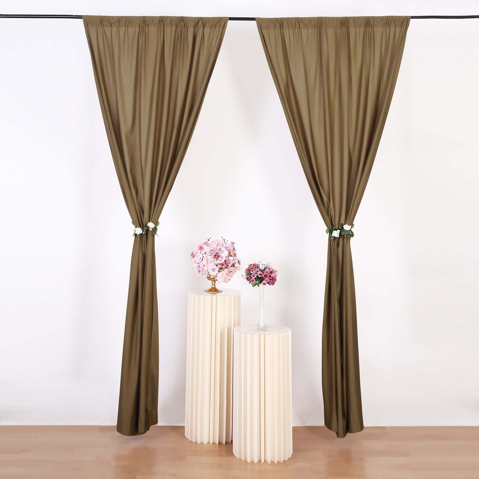 2 Pack Taupe Scuba Polyester Event Curtain Drapes, Durable Flame Resistant Backdrop Event Panels Wrinkle Free with Rod Pockets - 10ftx10ft - Bell Racket Store