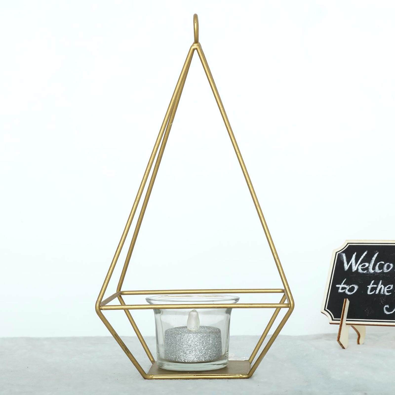 2-Pack Tealight Candle Holders Gold Metal Pyramid Geometric Open Frame - Flower Stand 9"