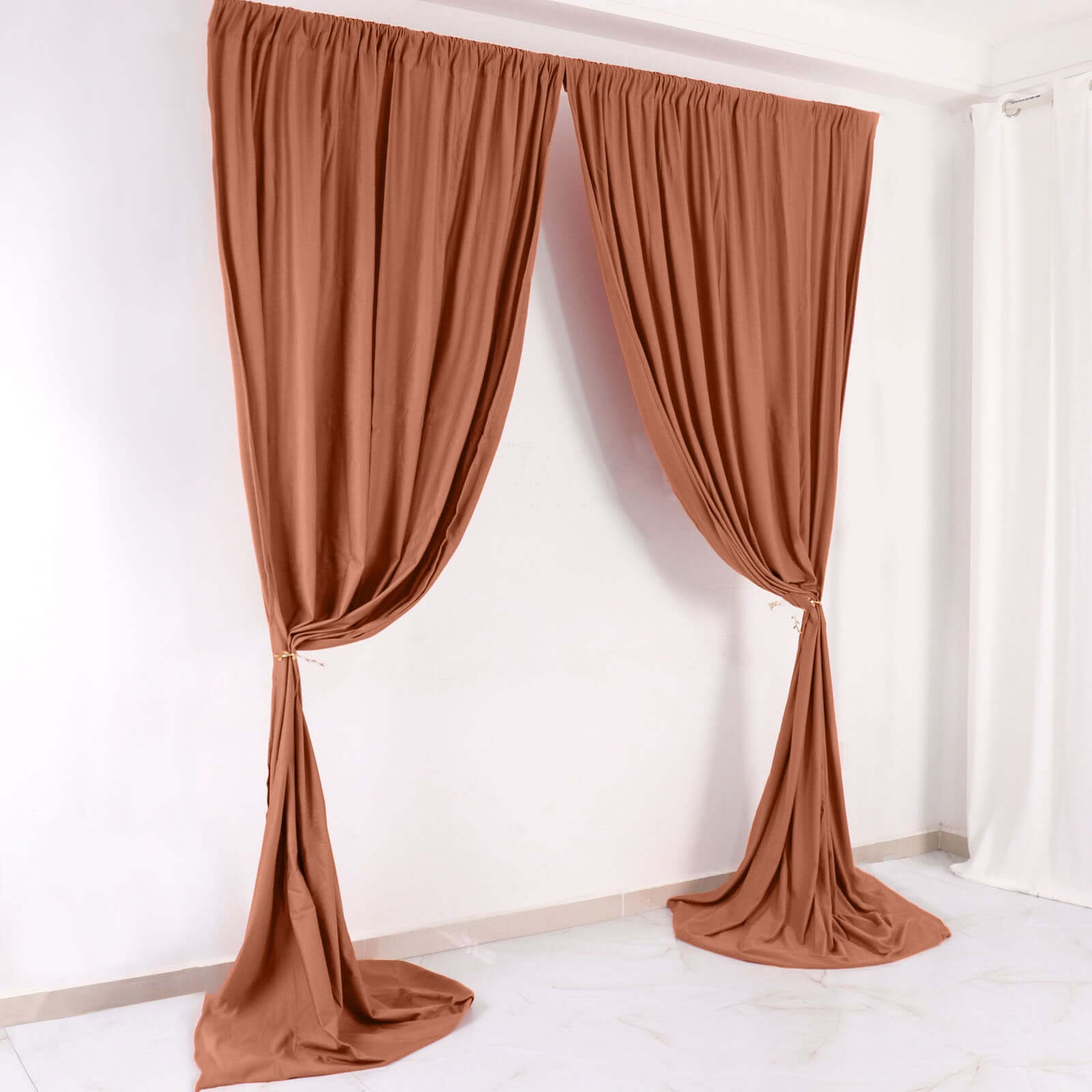 2 Pack Terracotta (Rust) Scuba Polyester Event Curtain Drapes, Durable Flame Resistant Backdrop Event Panels Wrinkle Free with Rod Pockets - 10ftx10ft - Bell Racket Store