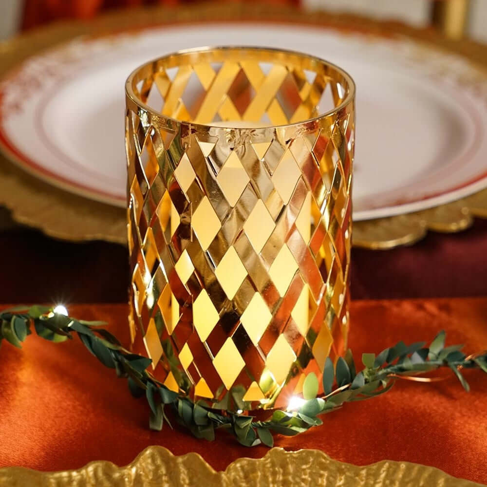 2-Pack Votive Candle Holders Gold Metal Diamond Cut Geometric Design - Perfect for Home DÃ©cor and Events 4"