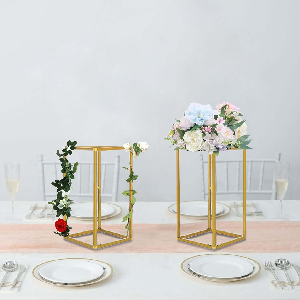 2-Pack Wedding Flower Stand Gold Metal Geometric Column Frame Rectangular - Versatile Floral Pedestal for Sophisticated Arrangements 12"