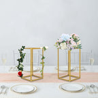 2-Pack Wedding Flower Stand Gold Metal Geometric Column Frame Rectangular - Versatile Floral Pedestal for Sophisticated Arrangements 12"