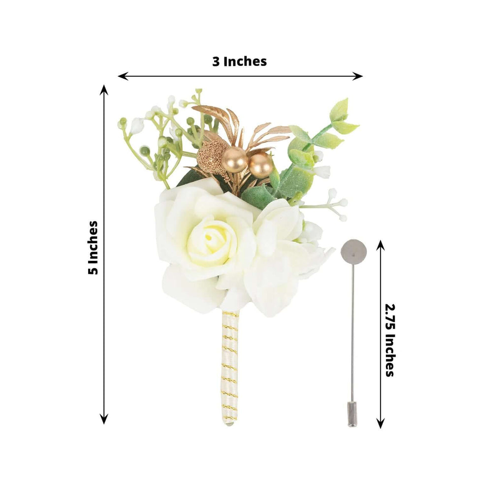 2 Pack White Artificial Rose Boutonniere With Pin, 5" Real Touch Silk Flower Pocket Square - Bell Racket Store