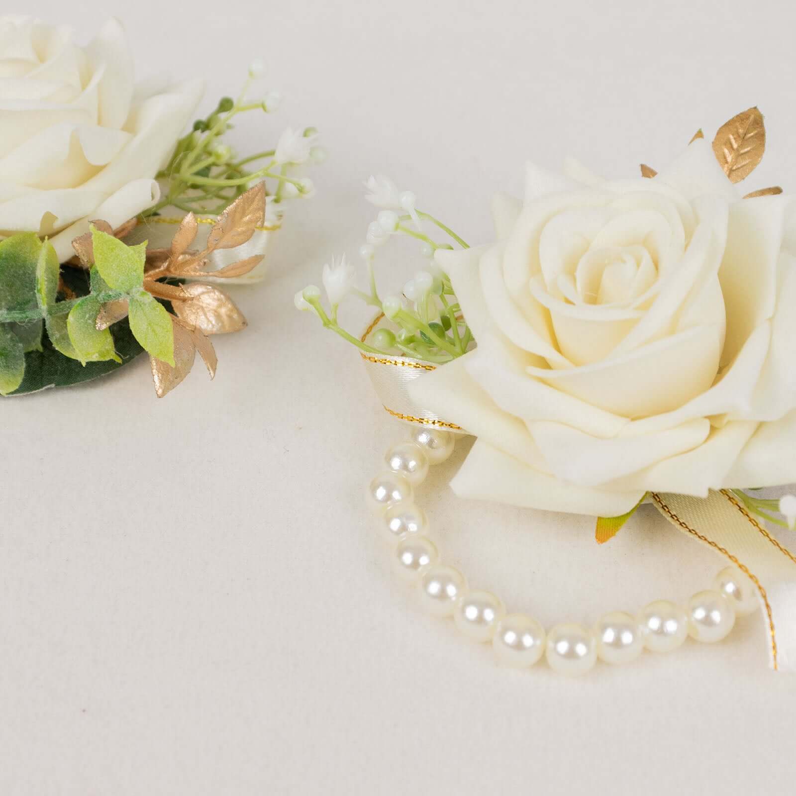 2 Pack White Artificial Rose Wrist Corsages With Pearls, 4" Flower Bracelet Wedding Accessories - Bell Racket Store