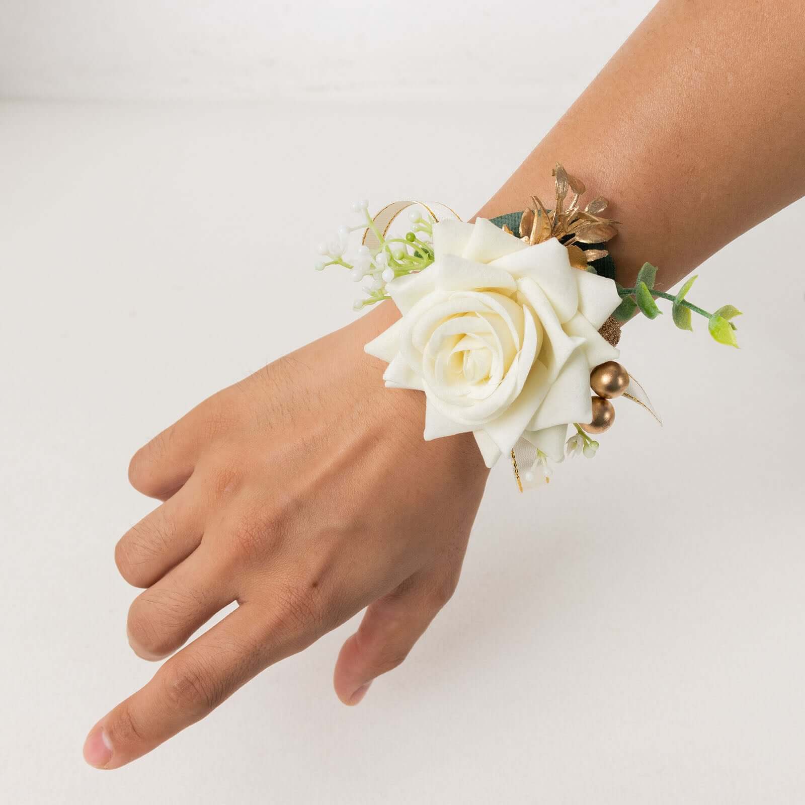 2 Pack White Artificial Rose Wrist Corsages With Pearls, 4" Flower Bracelet Wedding Accessories - Bell Racket Store