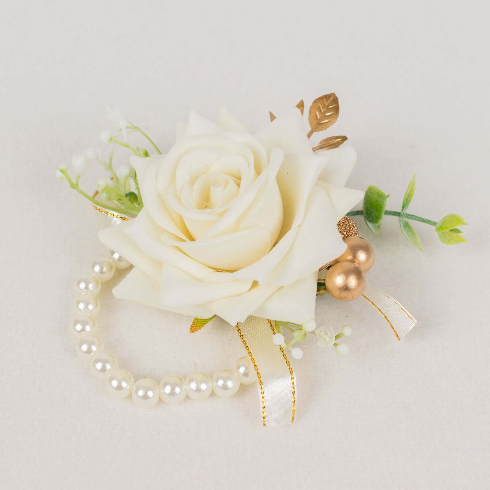 2 Pack White Artificial Rose Wrist Corsages With Pearls, 4" Flower Bracelet Wedding Accessories - Bell Racket Store